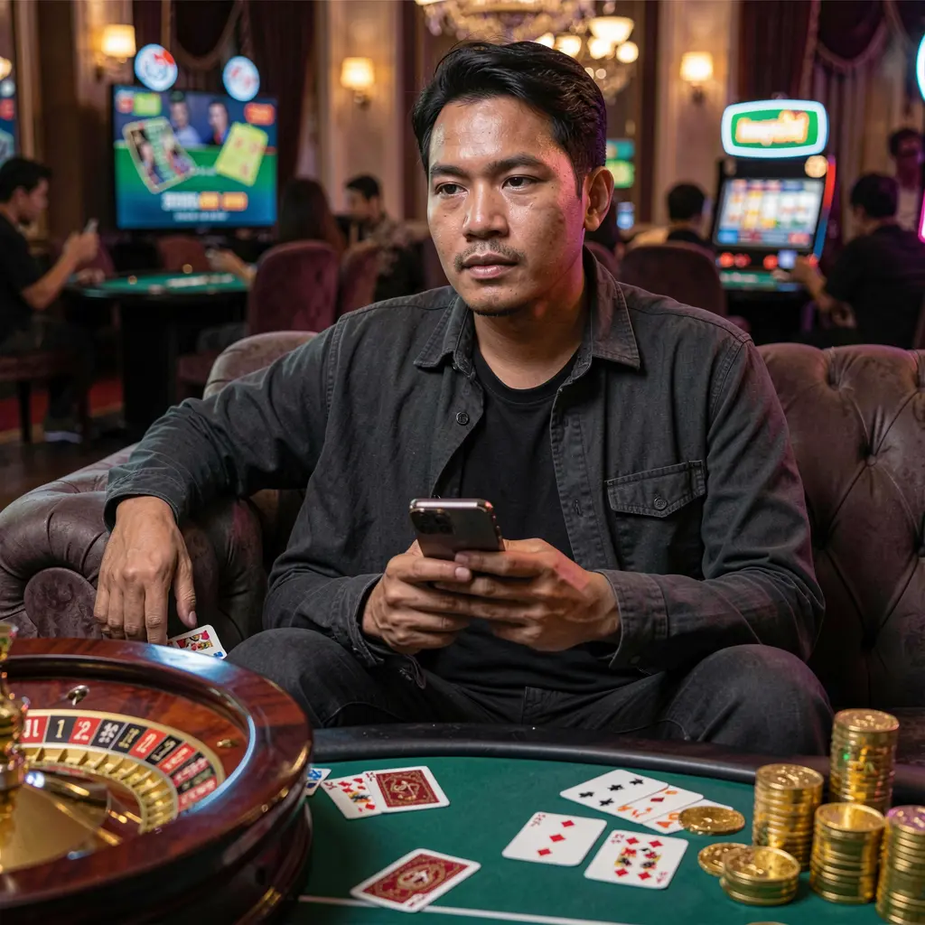 TAYAGM App – Enjoy smooth and engaging casino gameplay on your mobile device Focused Filipino player using the TAYAGM casino app on his phone with glowing roulette wheels and floating coins creating a modern gaming mood