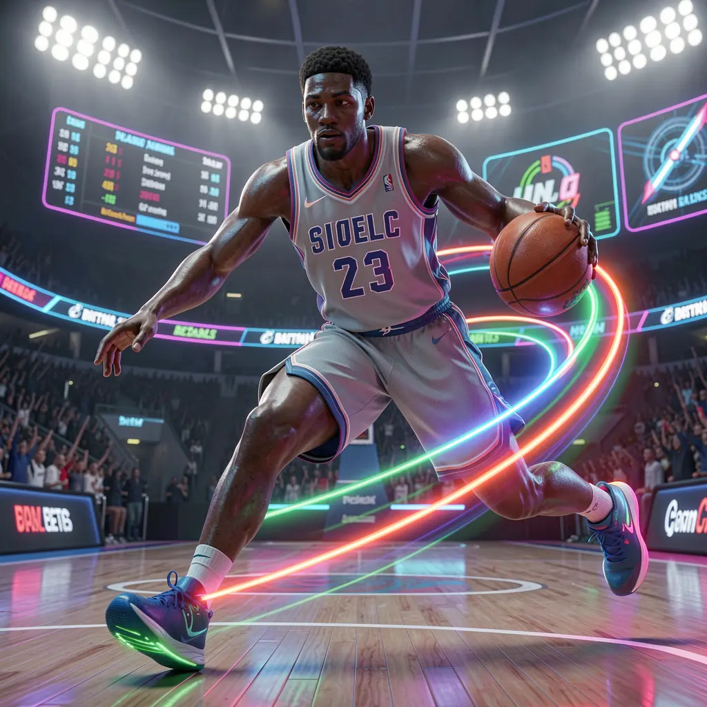 TAYAGM – Experience fast and exciting basketball betting in the Philippines Dynamic illustration of a basketball player with neon motion effects in a packed stadium symbolizing fast paced sports betting action on TAYAGM
