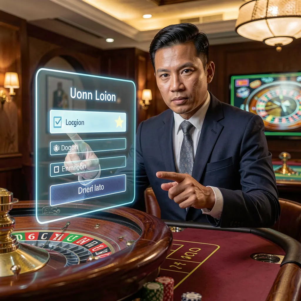 TAYAGM Login – Enter your account and start playing today in the Philippines Stylish casino presenter reaching toward a glowing digital login interface with a roulette background symbolizing advanced access on TAYAGM in the Philippines