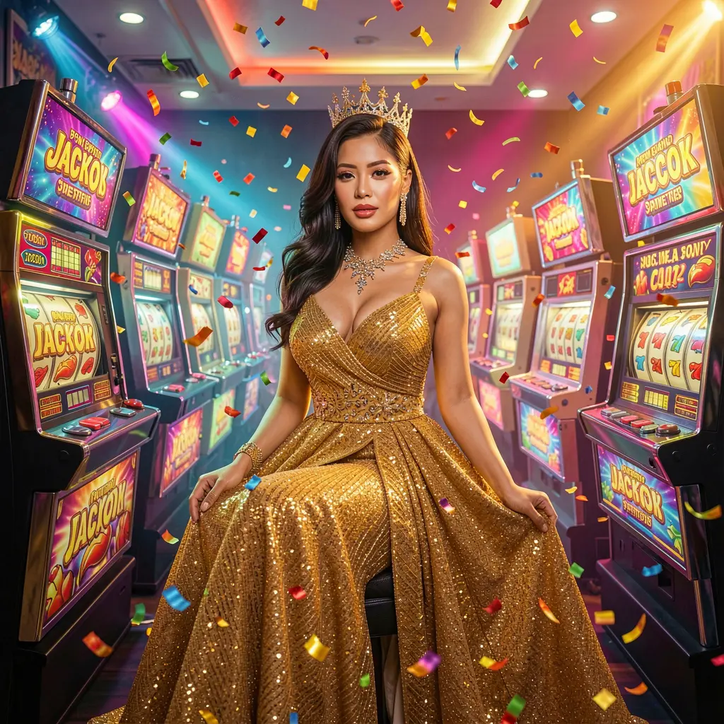 TAYAGM Slots – Experience premium slot entertainment designed for players in the Philippines Elegant woman in a sparkling gold dress standing between bright slot machines inside the immersive TAYAGM casino environment for players in the Philippines